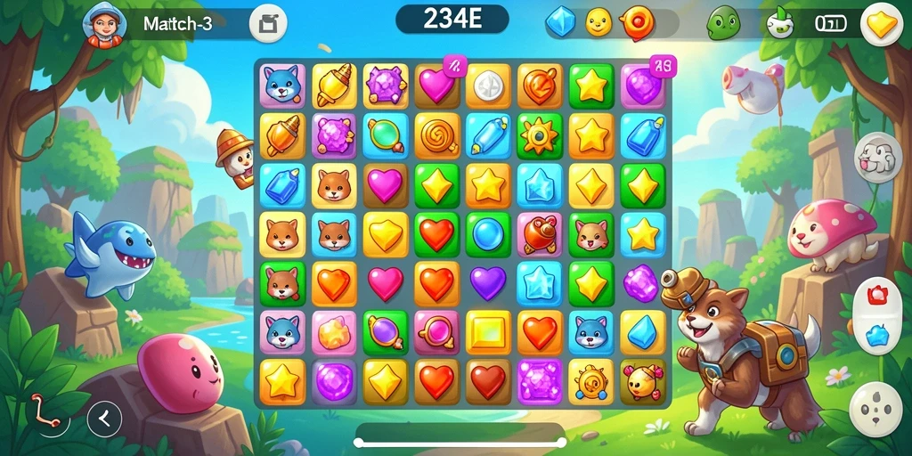 Screenshot menunjukkan aksi seru dalam game Match-3 234E.