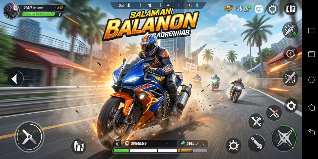 Gameplay balapan motor yang mendebarkan dalam 34R.