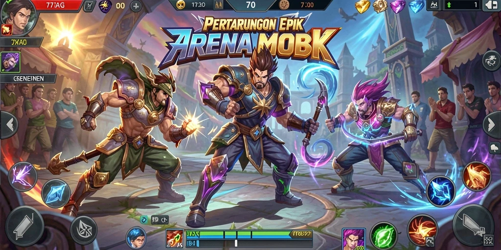 Screenshot gameplay 77AG dengan aksi pertarungan seru di arena MOBA.