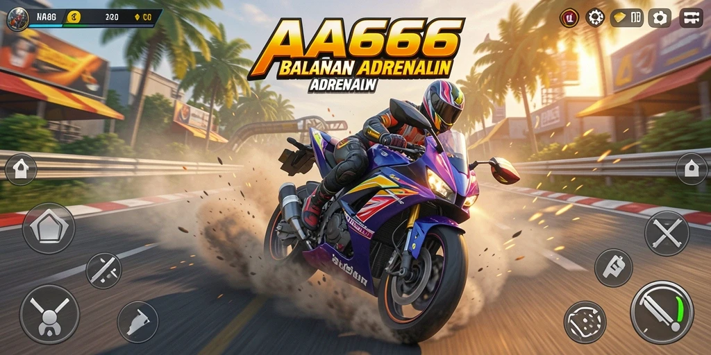 Screenshot gameplay AA666 dengan aksi balapan motor seru.