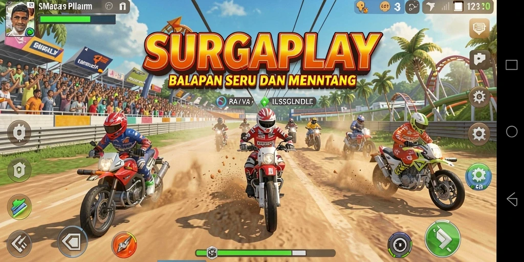 Screenshot SURGAPLAY menampilkan aksi balapan seru di lintasan yang menantang.